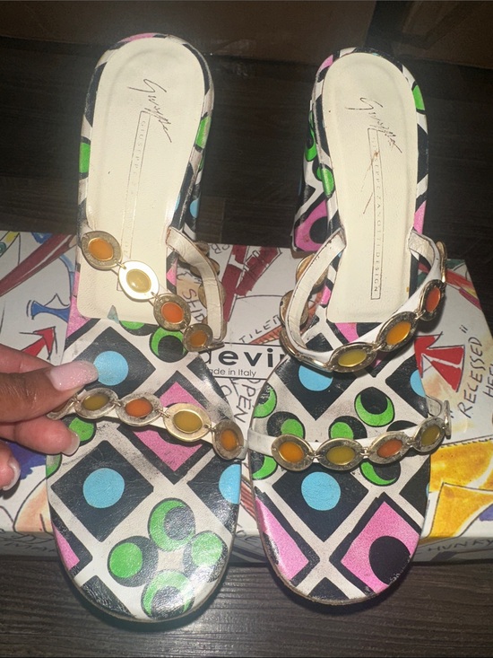 Giuseppe Zanotti Shoes - Giuseppe Zanotti Multicolor Geometric Mules with Gold Chain